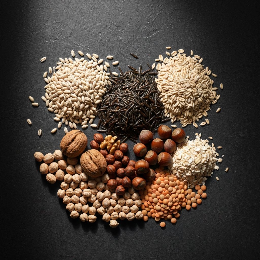 Übersicht der Hauptmakronährstoffe - Proteine, Fette und Kohlenhydrate in natürlicher Anordnung