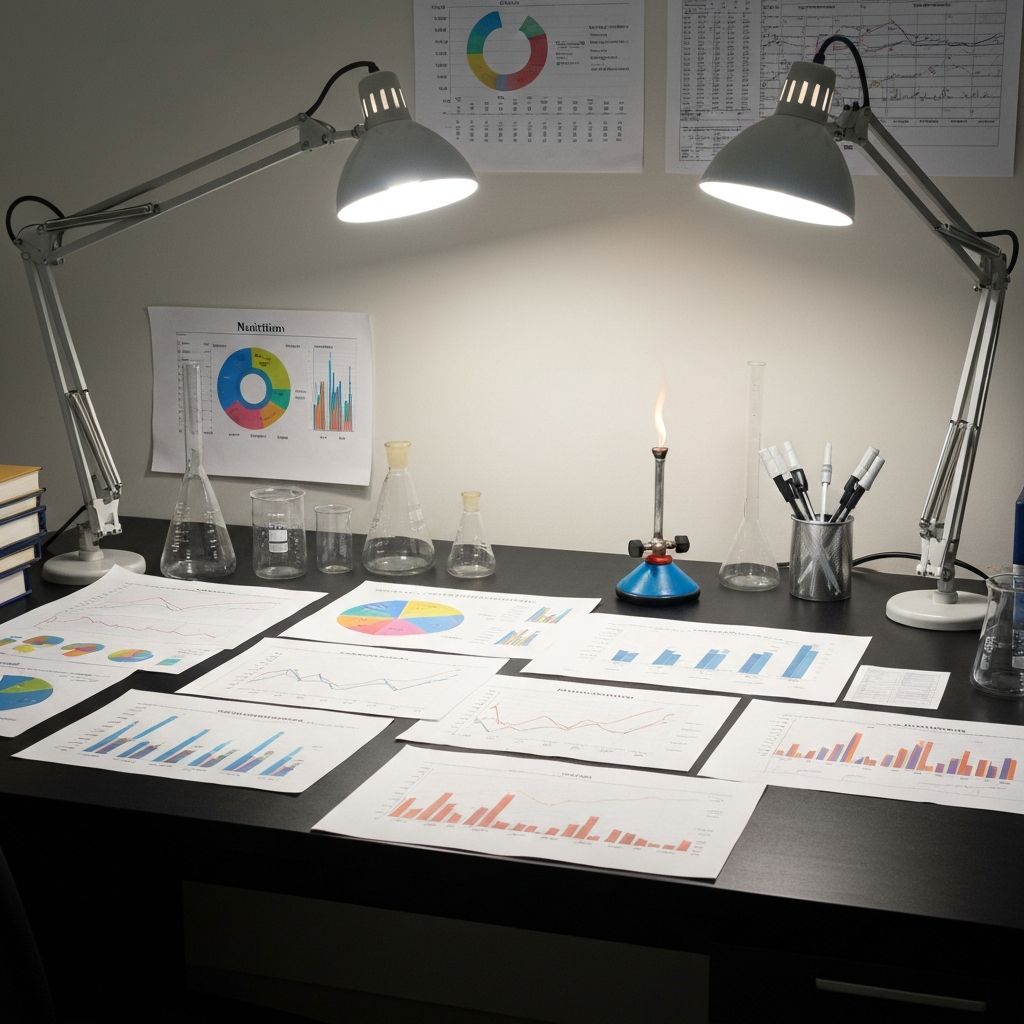 Wissenschaftlicher Arbeitsplatz mit Ernährungsforschungsdiagrammen und analytischer Ausrüstung