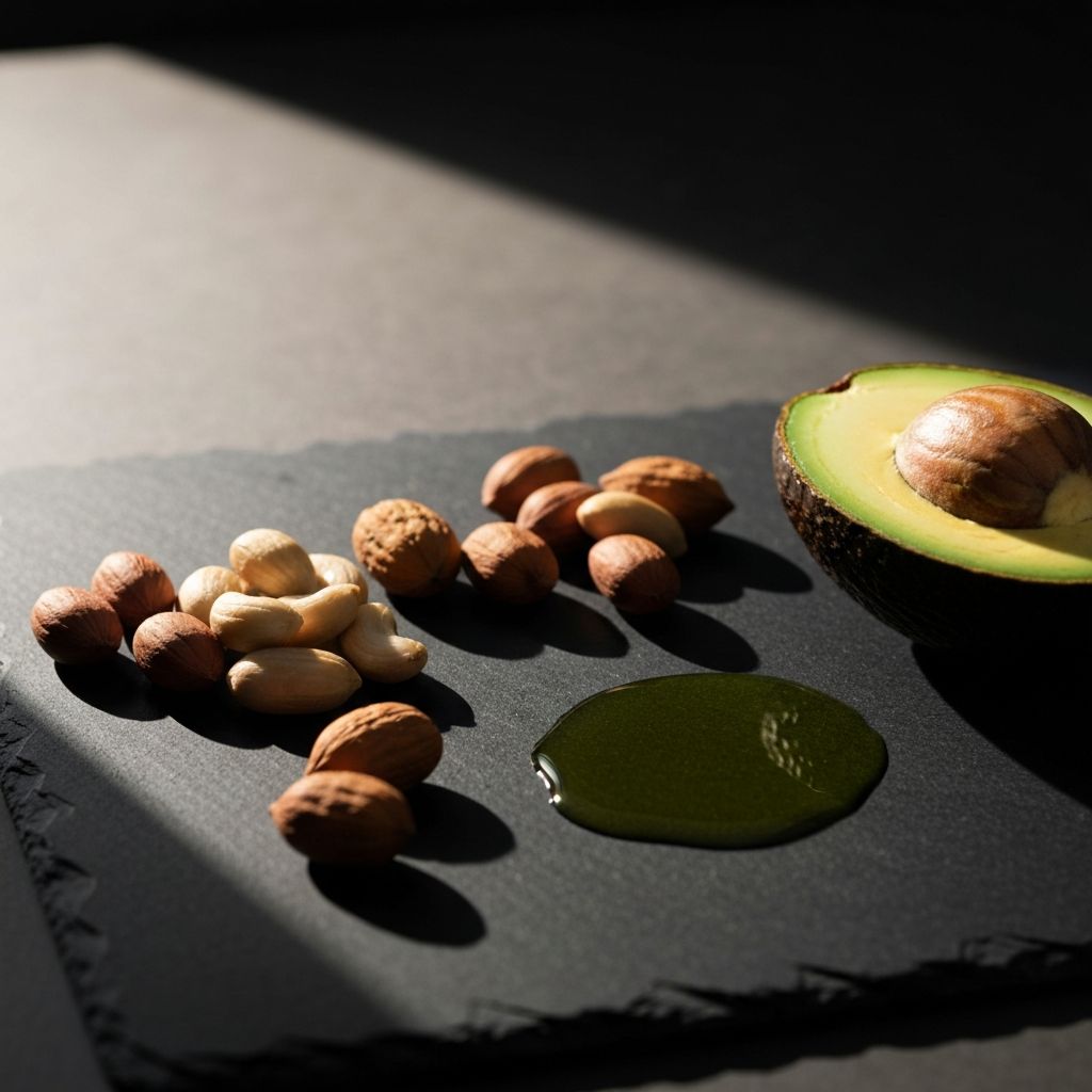Gesunde Fettquellen - Nüsse, Öle und Avocado auf dunklem Untergrund